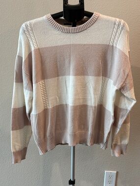 Tahari Cream and Blush Striped Crewneck Sweater